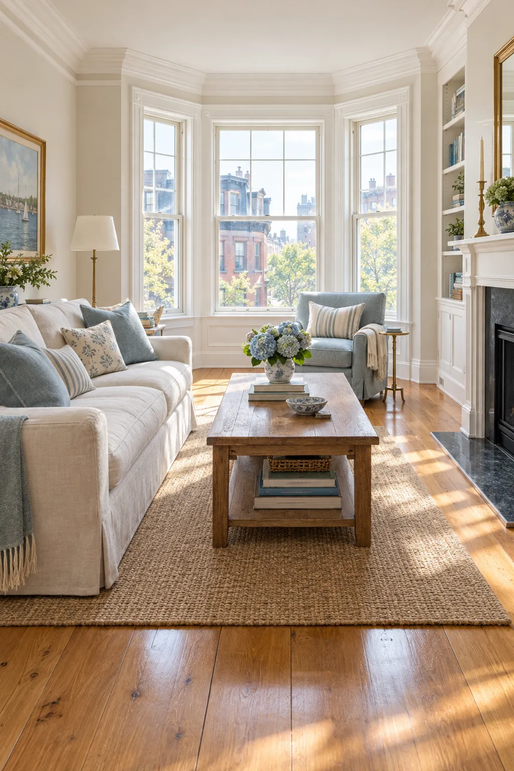A bright, freshly cleaned living room with a linen sofa and a bay window
