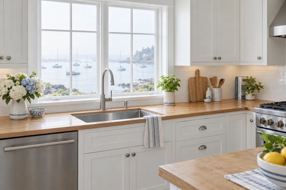 A spotless white kitchen with a window looking out at a harbor with sailboats